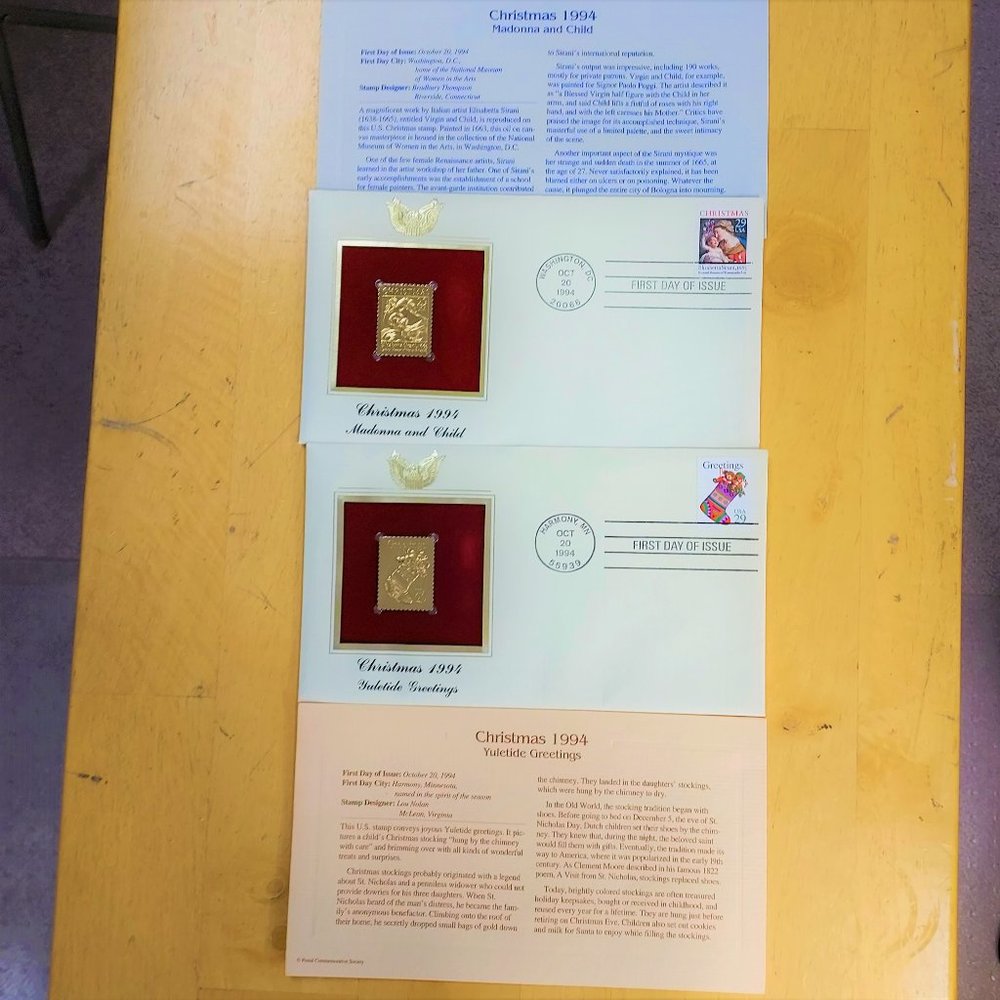 22KT GOLD CHRISTMAS FIRST DAY ISSUE US POSTAL STAMPS MADONNA & CHILD YULETIDE...